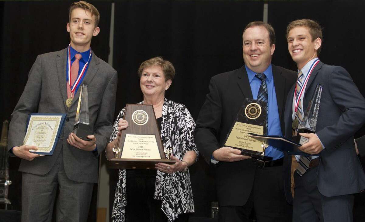 Tristan Craig, from The John Cooper School, and Connor Kidd, from College Park, were both awarded male gold overall winners during the Mike Ogg All Montgomery County Scholar Athlete of the Year banquet Wednesday. Go to HCNpics.com to purchase this photo and others like it.