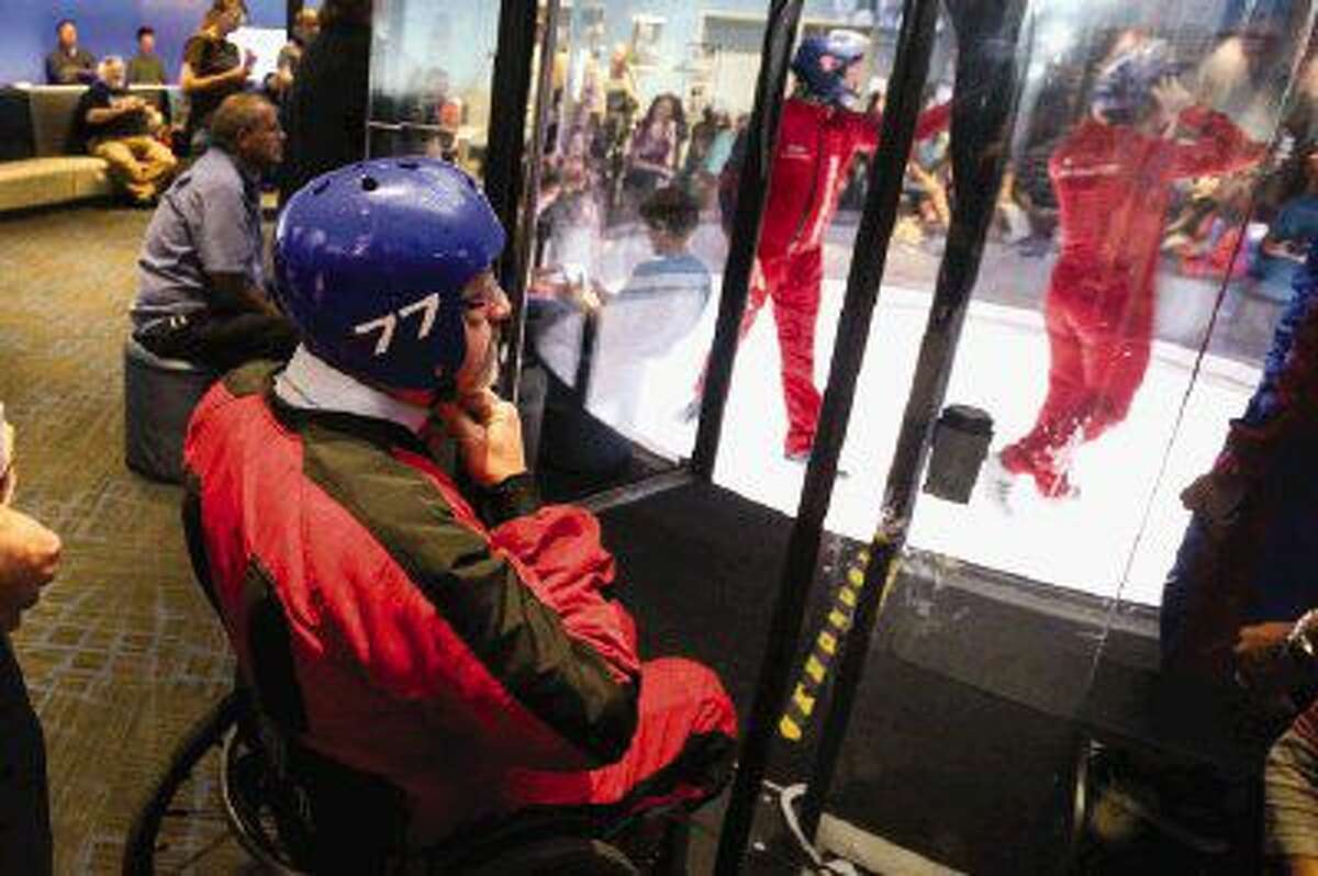 Judge-elect Phil Grant prepares to go indoor skydiving with the Wheels with Wings Foundation charity on Tuesday at iFly Houston-Woodlands Indoor Skydiving.