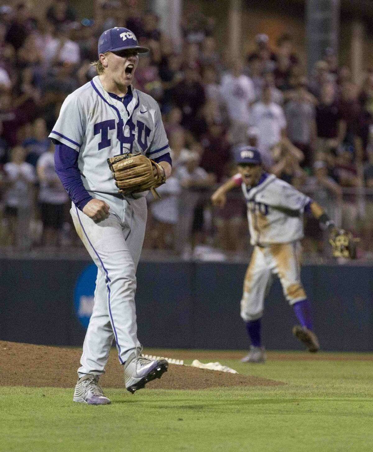 TCU pitcher Durbin Feltman, former Oak Ridge player, celebrates after a stikeout in the ninth inning of a NCAA college baseball super regional tournament game Sunday, June 12, 2016, in College Station, Texas.