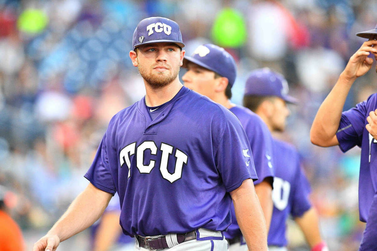 TCU reliever Ryan Burnett (17) pitched 3 1/3 scoreless innings against Coastal Carolina in the College World Series Tuesday in Omaha.