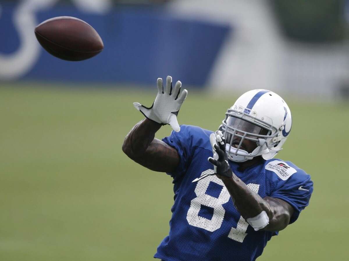 Indianapolis Colts' Andre Johnson makes a catch in practice earlier this week.
