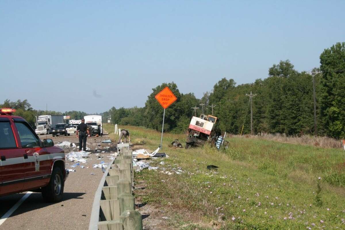 Logging equipment being hauled on a trailer behind an 18-wheeler came to a stop on the north side of Texas 105 following a three-vehicle accident on Tuesday. One person was killed; two others were injured.
