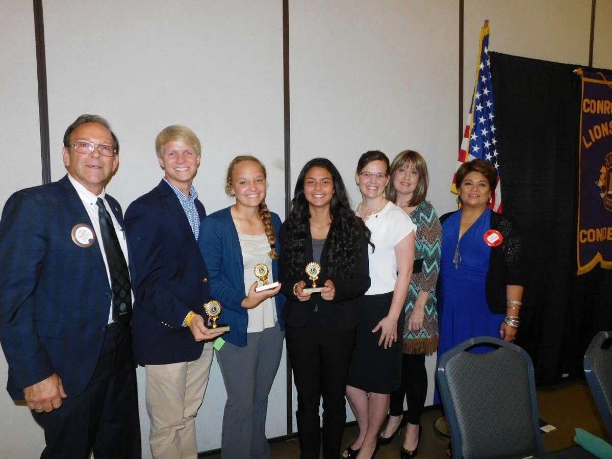 The Conroe Noon Lions Club held its annual Drug Awareness Speech contest last week at its club meeting awarding $4,000 in scholarships; pictured from left to right, Club President Karl Johnson, Gage Hallbauer, Rebekah Stevenson, Kaylee Martinez, Committee Members Mindy Mack, Stephanne Davenport, Delma Landaverde.