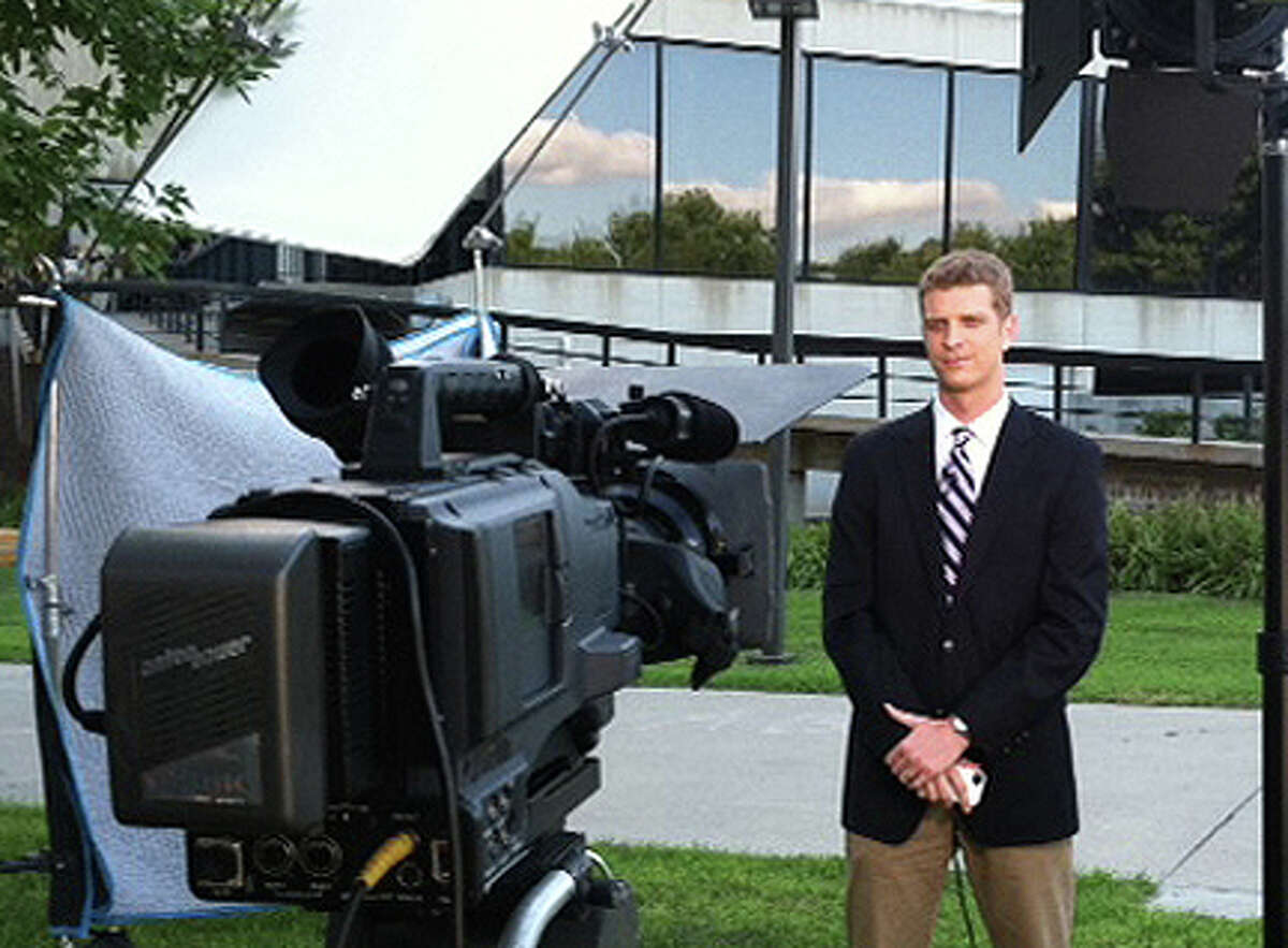 Garrett Haake prepares to do a live shot on MSNBC from Ames, Iowa.