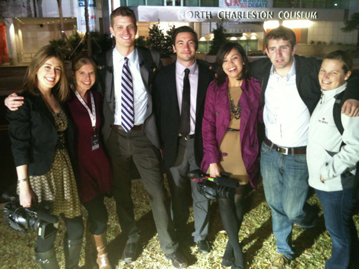 Garrett Haake and fellow NBC Campaign Embeds gather outside a debate in South Carolina.