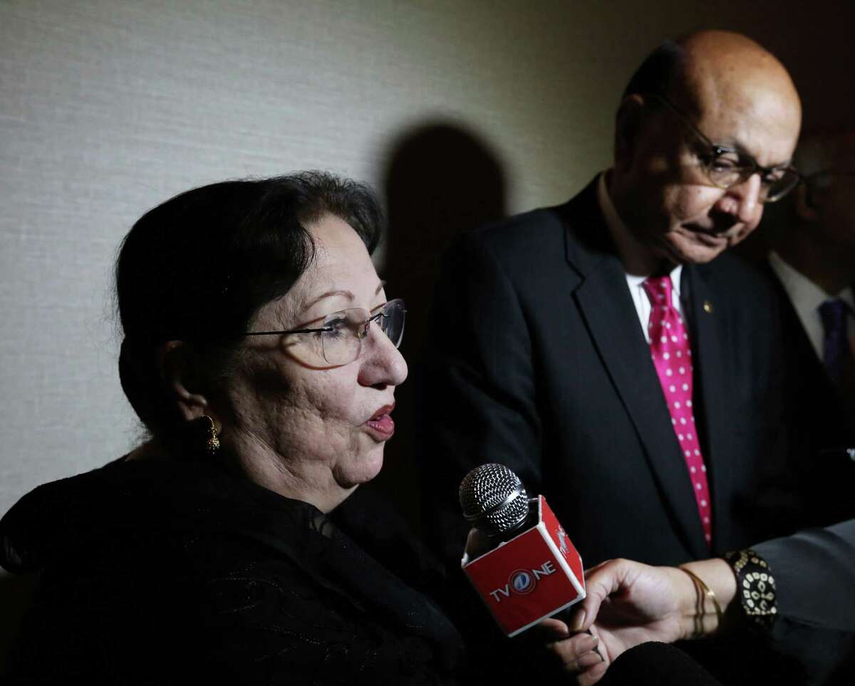 Ghazala Khan, left, and Khizr Khan, parents of fallen Army Capt. Humayun Khan, speak during an interview while attending the Islamic Society of Greater Houston fundraiser at Hilton Houston Post Oak Saturday, Oct. 1, 2016, in Houston. Houston was the first U.S. city the Khans settled in as immigrants.