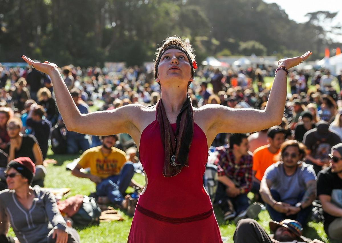 Everelet Kline meditates during last year's Hardly Strictly Bluegrass music festival in Golden Gate Park.