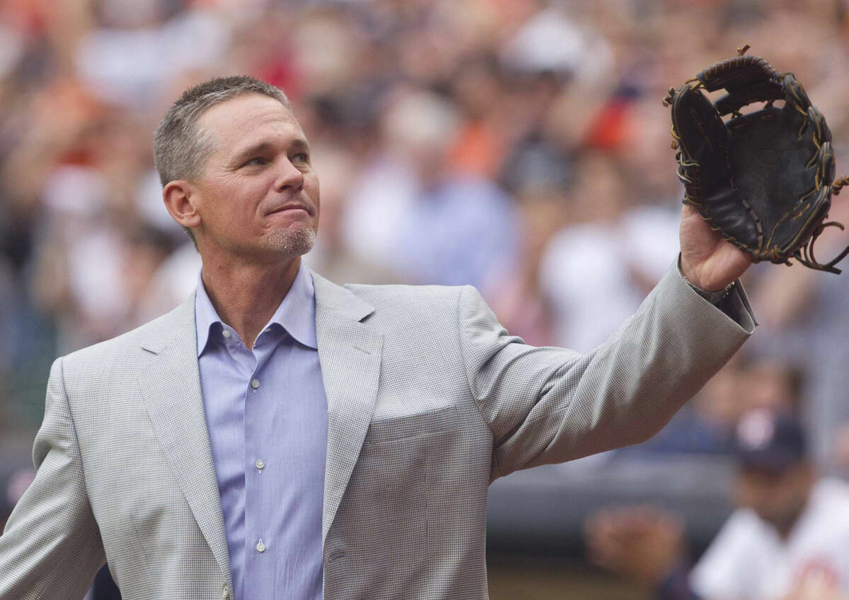 Former Houston Astros player Craig Biggio acknowledges fans during opening day at Minute Maid Park Tuesday.