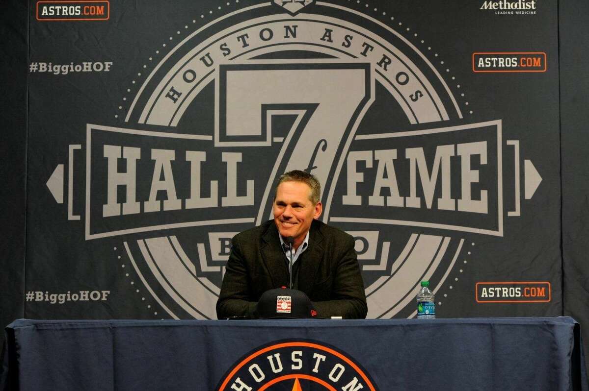 Craig Biggio addresses the media following the announcement the former Astro will be first into the Hall of Fame to don the Astros cap. 