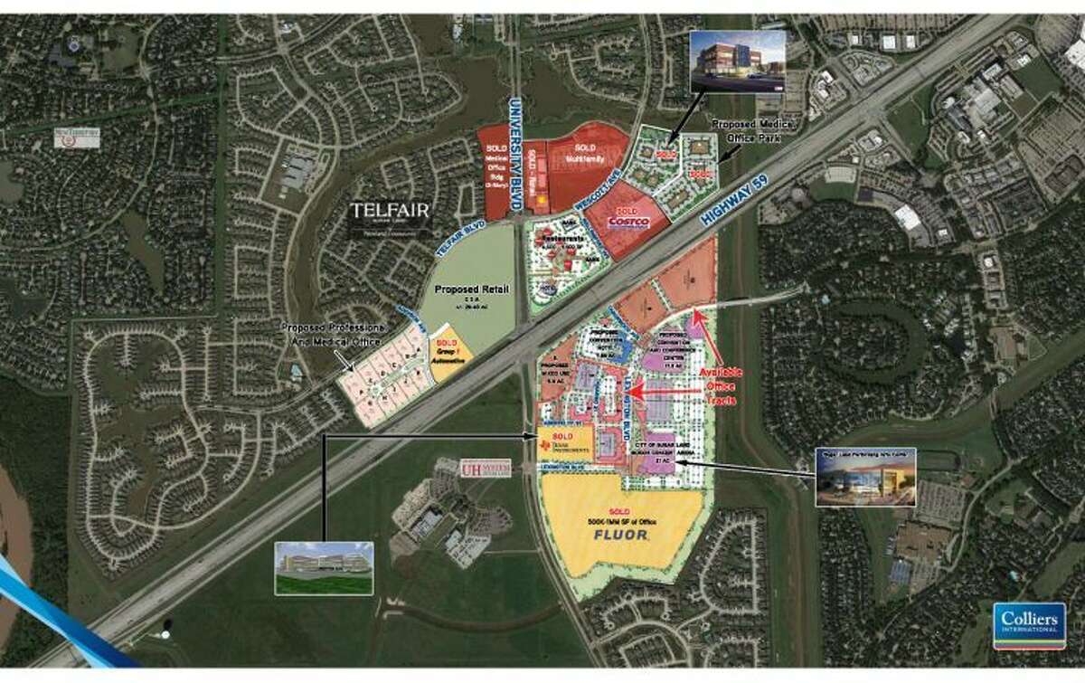 And aerial view of Telfair and its 180 acres of prime commercial property at the intersection of Highway 59 and University Boulevard in Sugar Land.