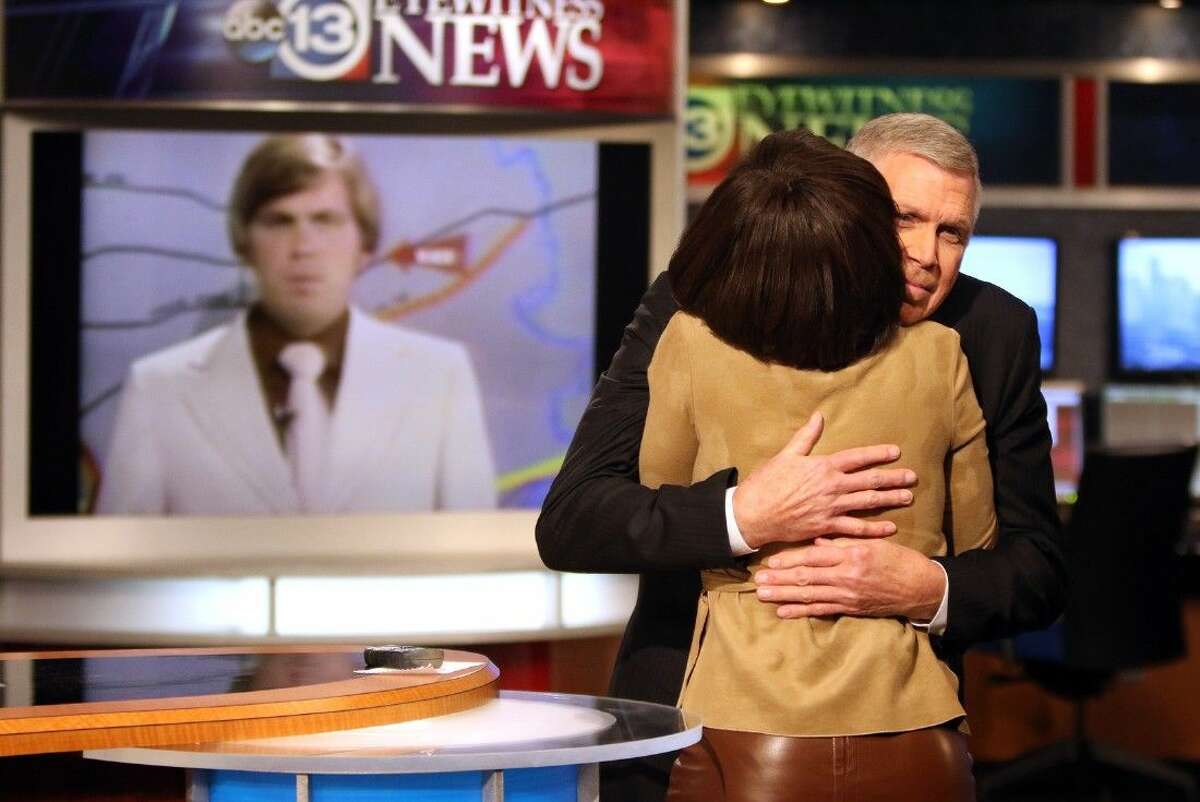 Don Nelson gets a hug from Gina Gaston during his last day on air before his retirement from ABC-13 KTRK, in Houston, Texas on Friday, February 27, 2015. Nelson has been a longtime news personality in the Houston area for nearly 40 years. To view or purchase this photo and others like it, go to HCNPics.com.