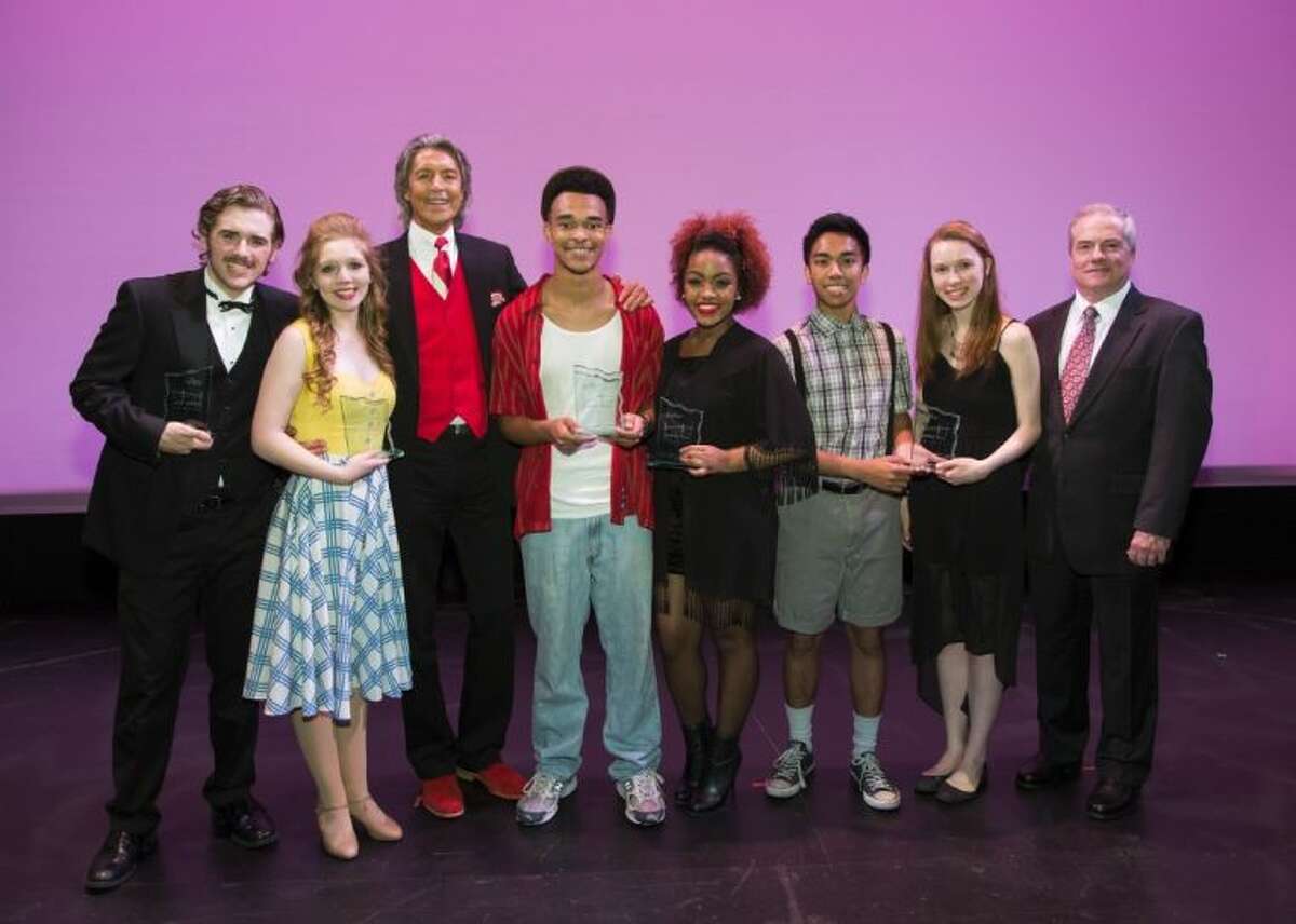 Theatre Under The Stars - TUTS 2014 Tommy Awards with Tommy Tune, April 16, 2014. Pictured, left to right, are Stephen Louis, Emily Lewis, Tommy Tune, Nyles Washington, Amber Scott, Kyle Legacion, Emily Scott, and John Breckenridge.