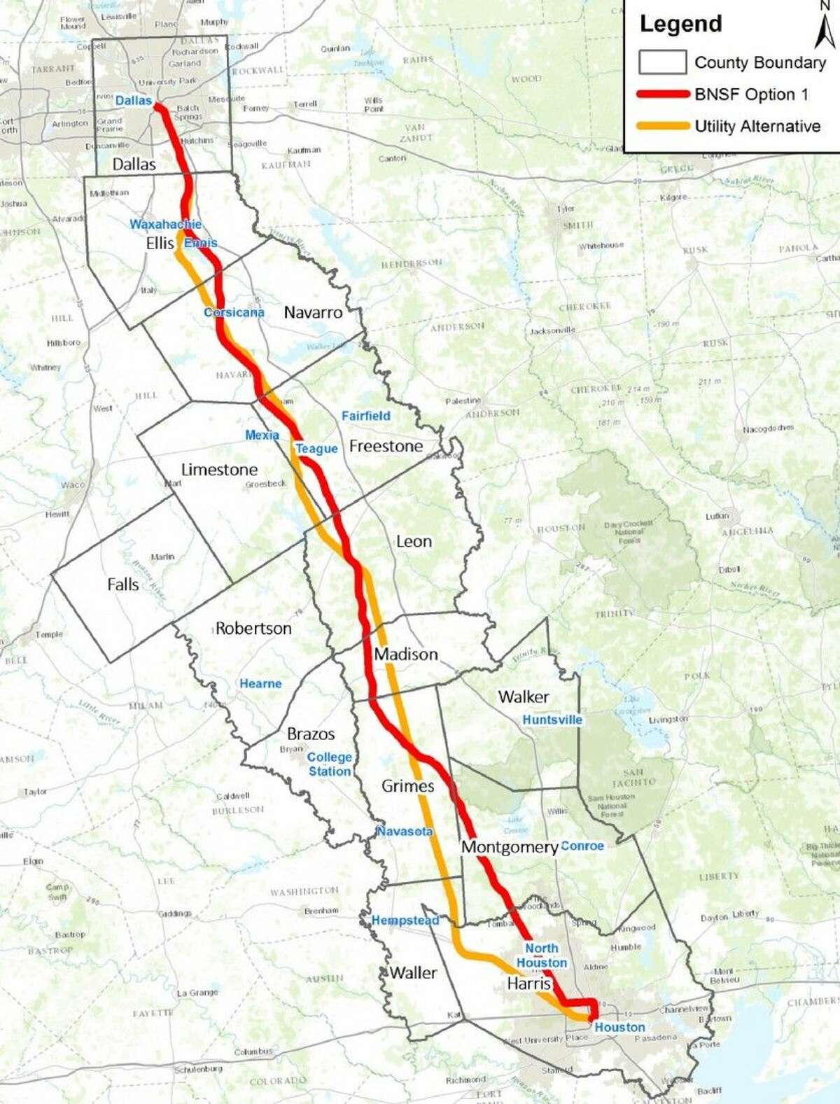 The proposed routes for the Texas Central High-Speed Railway. The orange utility alignment is the preferred route by the company.