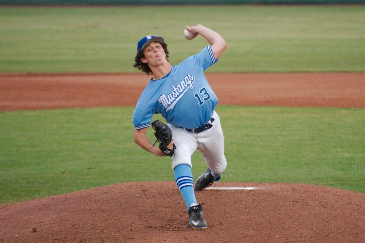 Friendswood pitcher Lael Lockhart (13) struck out 16, including 10 in a row, and allowed just three hits as the Mustangs defeated Clear Lake, 3-1, last week in a District 24-6A baseball game.