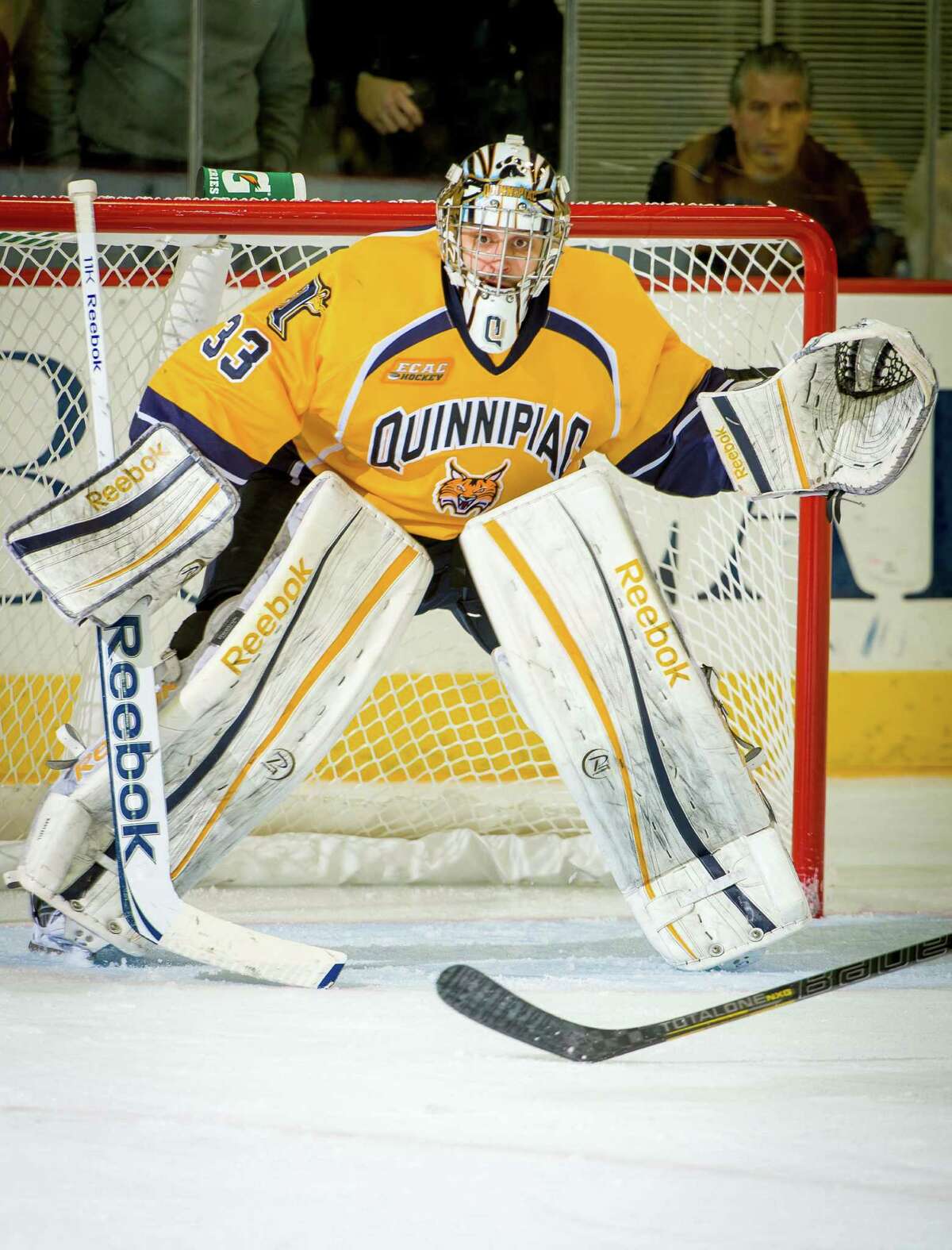 Former Quinnipiac goalie Eric Hartzell is in camp with the Bridgeport Sound Tigers.