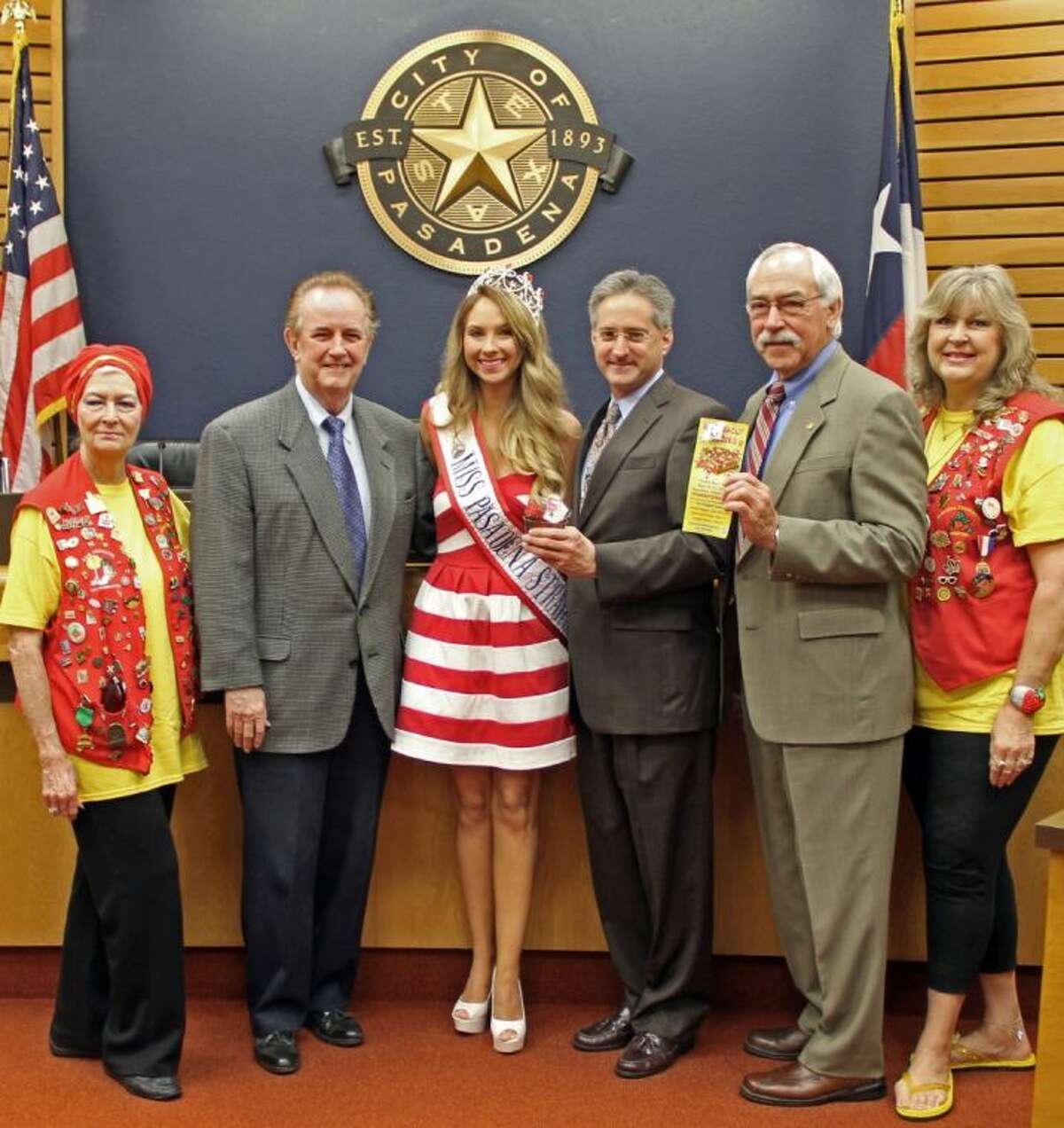 Pasadena Strawberry Festival volunteers were recognized by Mayor Johnny Isbell and the City Council at a recent council meeting. Pictured left to right: Celinda Welch Bennett, Mayor Isbell, Queen Caitlyn Amyx, Councilmember Darrell Morrison, Councilmember Phil Cayten and D'Juana Rae Oxford.