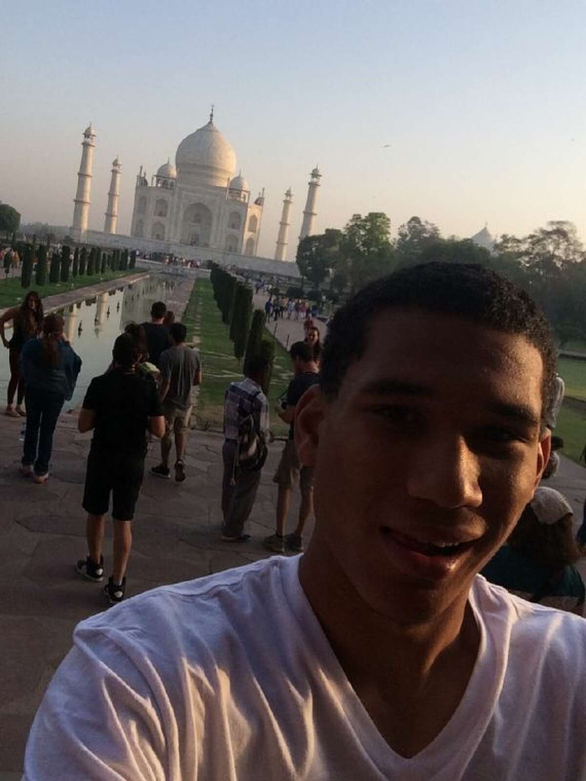 Johnathan Lohner stops in front of the Taj Mahal in Agra, India.