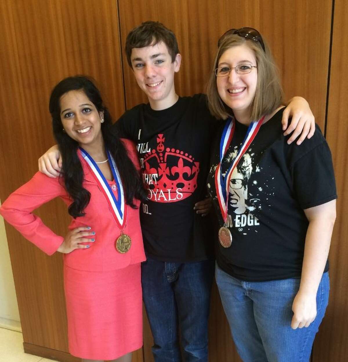 Cypress Creek High School seniors (L-R) Caro Achar (first place, Persuasive Speaking) and Christian Kimbell (top 10, Persuasive Speaking) and sophomore Rosalind Williamson (second place, Editorial Writing) placed in their respective events at the UIL Academics Spring Meet.