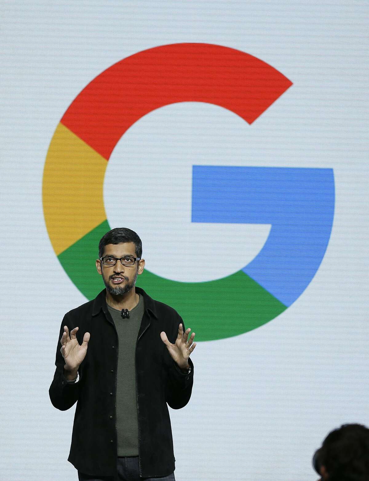 Google CEO Sundar Pichai speaks during a product event, Tuesday, Oct. 4, 2016, in San Francisco. Google launched an aggressive challenge to Apple and Samsung, introducing its own new line of smartphones called Pixel, which are designed to showcase a digital helper the company calls "Google Assistant." (AP Photo/Eric Risberg)