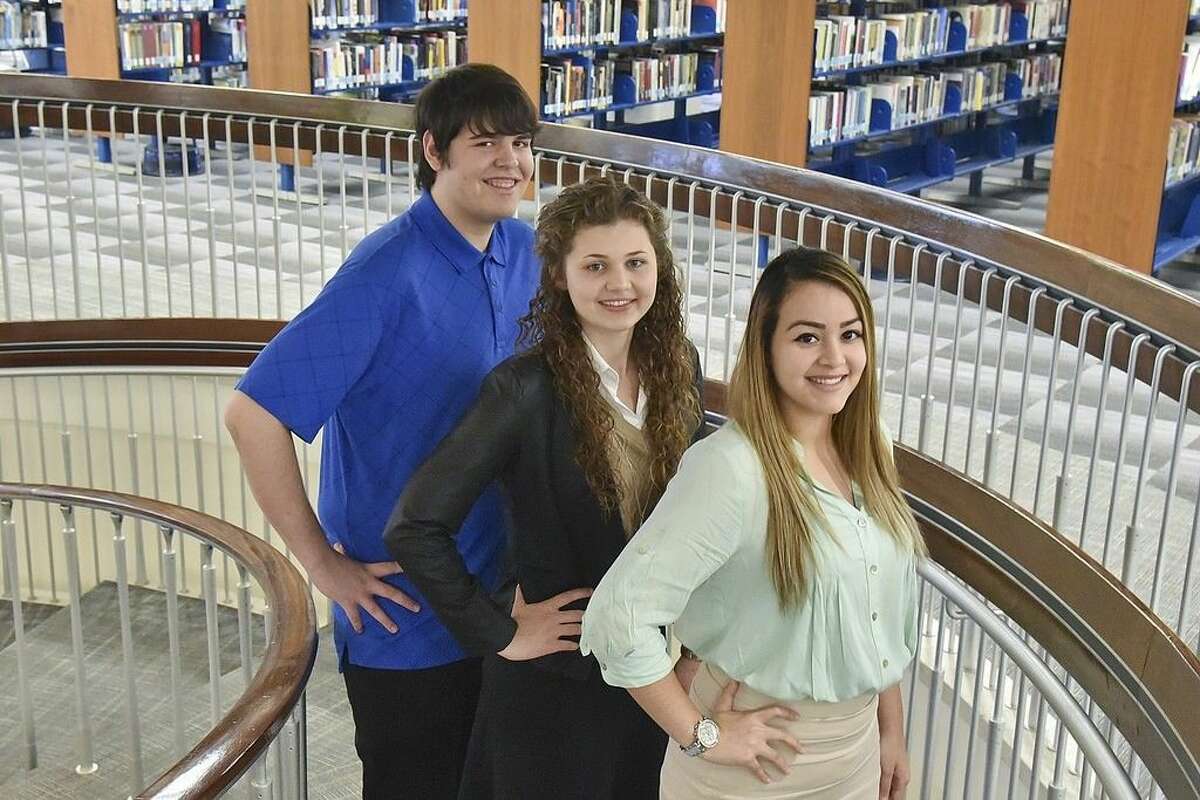 From left, 2014-2015 San Jacinto College PTK chapter presidents include Matthew Hunter (South Campus), Isabelle Carlin (Central Campus), and Vanessa Gonzalez (North Campus). Photo credit: Rob Vanya, San Jacinto College marketing, public relations, and government affairs department.