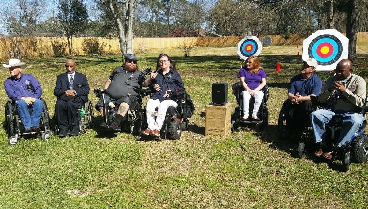 Paralyzed Veterans of America Texas chapter president Anne Robinson gives a speech after the ribbon cutting ceremony at their new facility in Crosby on Thursday, Feb. 11, 2016.
