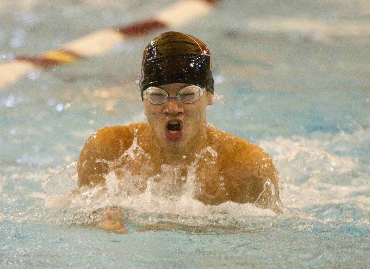 Cinco Ranch's Christopher Hung competes in the boys 200-yard medley relay during the Region 5-6A swimming and diving championships Feb. 6, 2016, in Shenandoah. To purchase this photos, and others like it; go to HCNpics.com.