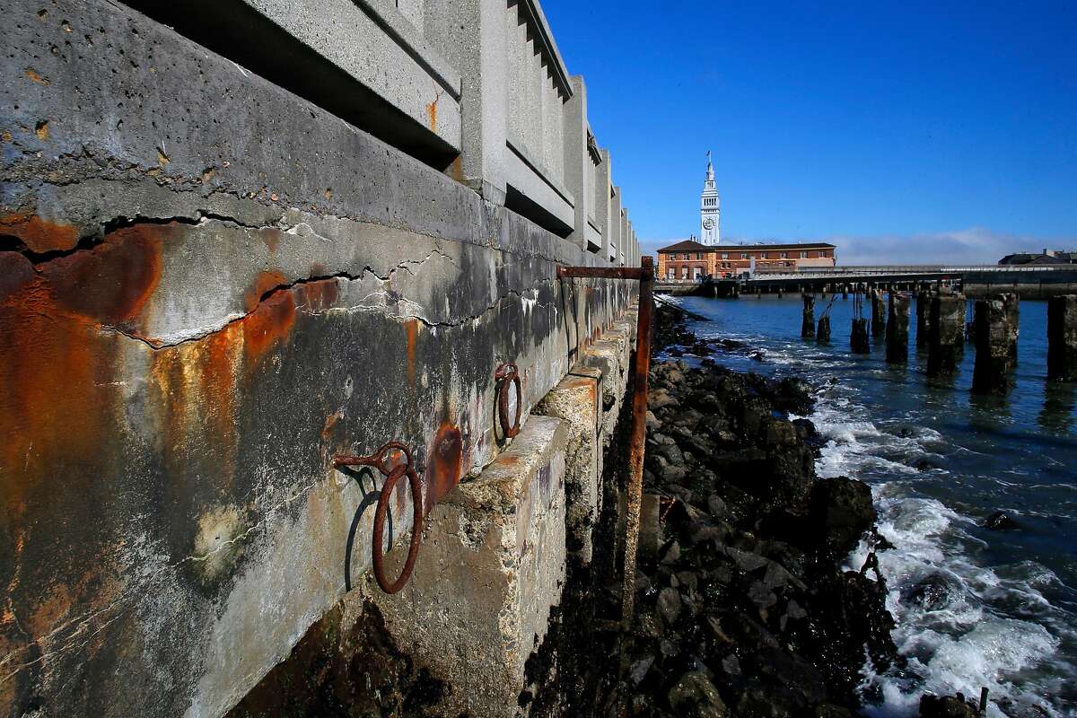 The decaying seawall along the Embarcadero in San Francisco, California, on Fri. June 24, 2016.