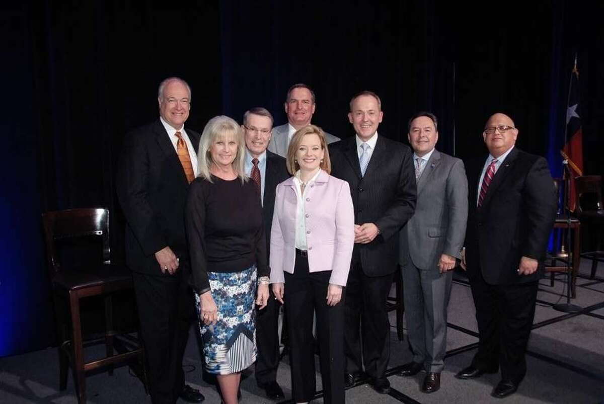 From left, Richard Helmey, Chairman, WHEDS Committee; Jeannie Bollinger, President HWCOC; Dr. Robert “Bill” Gilmer, Director of the Institute for Regional Forecasting at the University of Houston’s Bauer College of Business; Chanda Cashen-Chacon, President, Texas Children’s Hospital - West Campus; Pete DeLongchamps, Vice President, Group 1 Automotive; Tom Zizka, KRIV-TV (Fox 26) Business and Consumer Reporter; Mario Arriaga, President, Houston Association of Realtors; Francisco Rivero, Executive Vice President, Texas Regional Manager, Mercantil Commercebank. The panel discussed the major economic findings facing west Houston at a sold out luncheon on Friday, February 12, 2016 at the Omni Westside Houston.