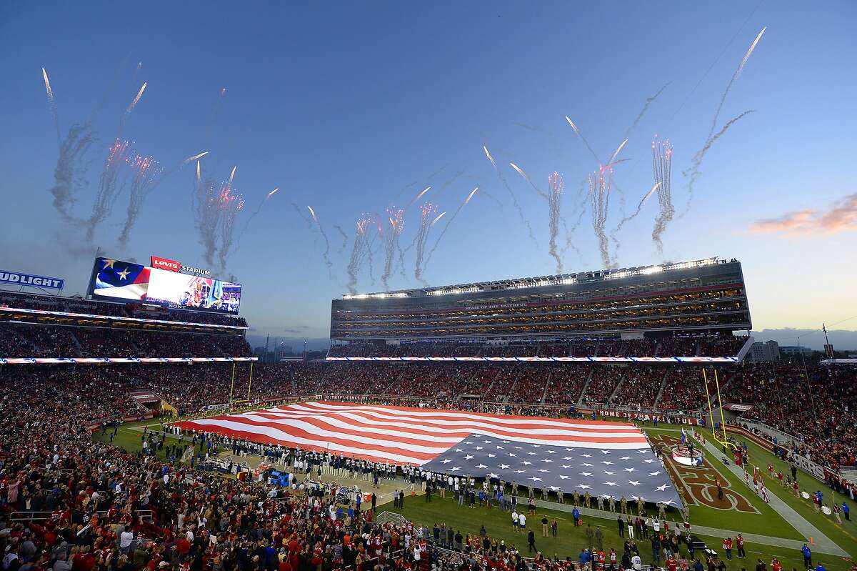 Fireworks explode in the air during the playing of the national anthem before the San Francisco 49ers and Los Angeles Rams game on Monday, Sept. 12, 2016 at Levi's Stadium in Santa Clara, Calif. (Jose Carlos Fajardo/Bay Area News Group/TNS)