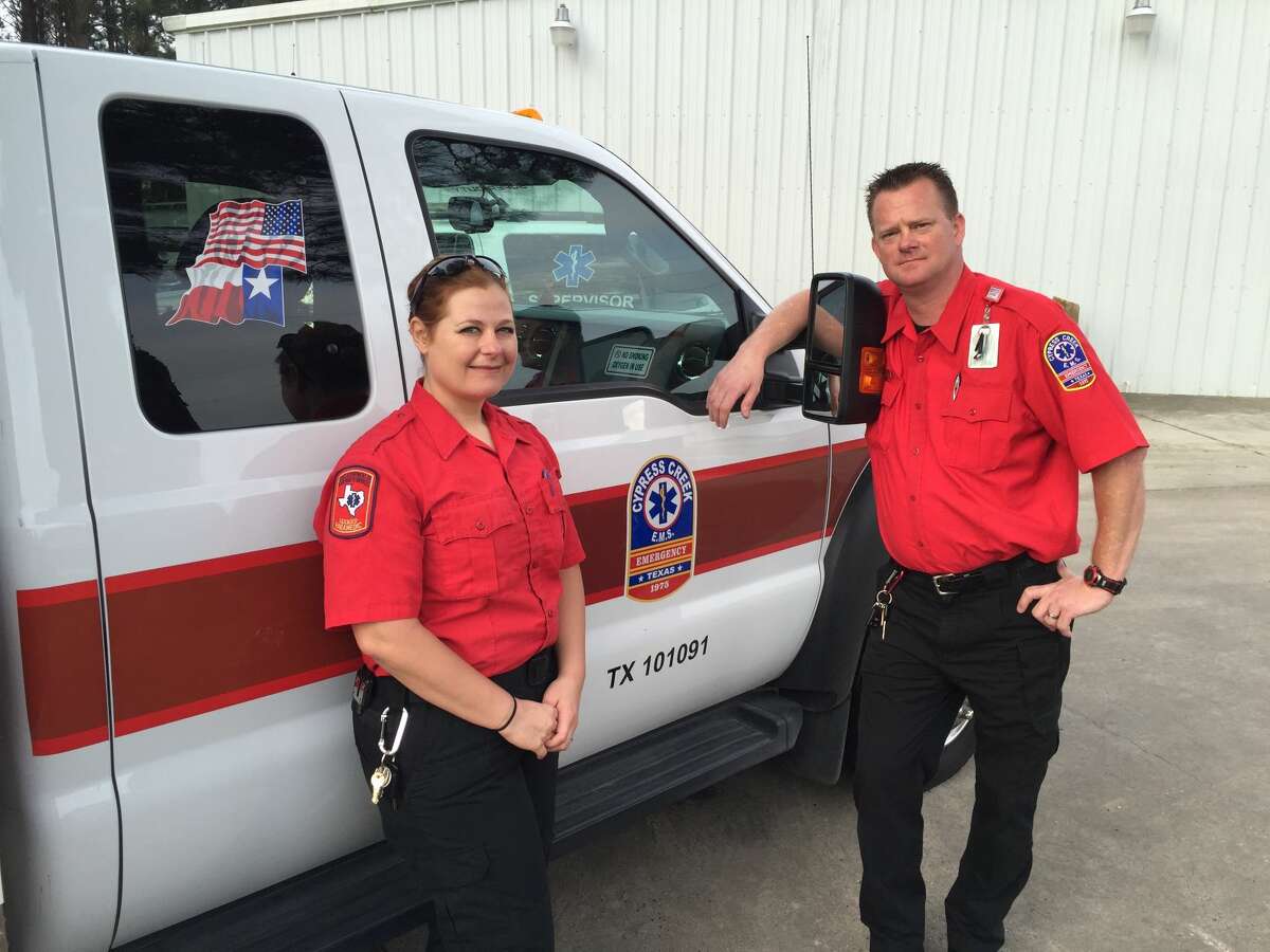 Paramedic Christina DuBois and EMT James Burton get ready to leave for Orange, Texas, to assist the state's efforts to help flood victims.