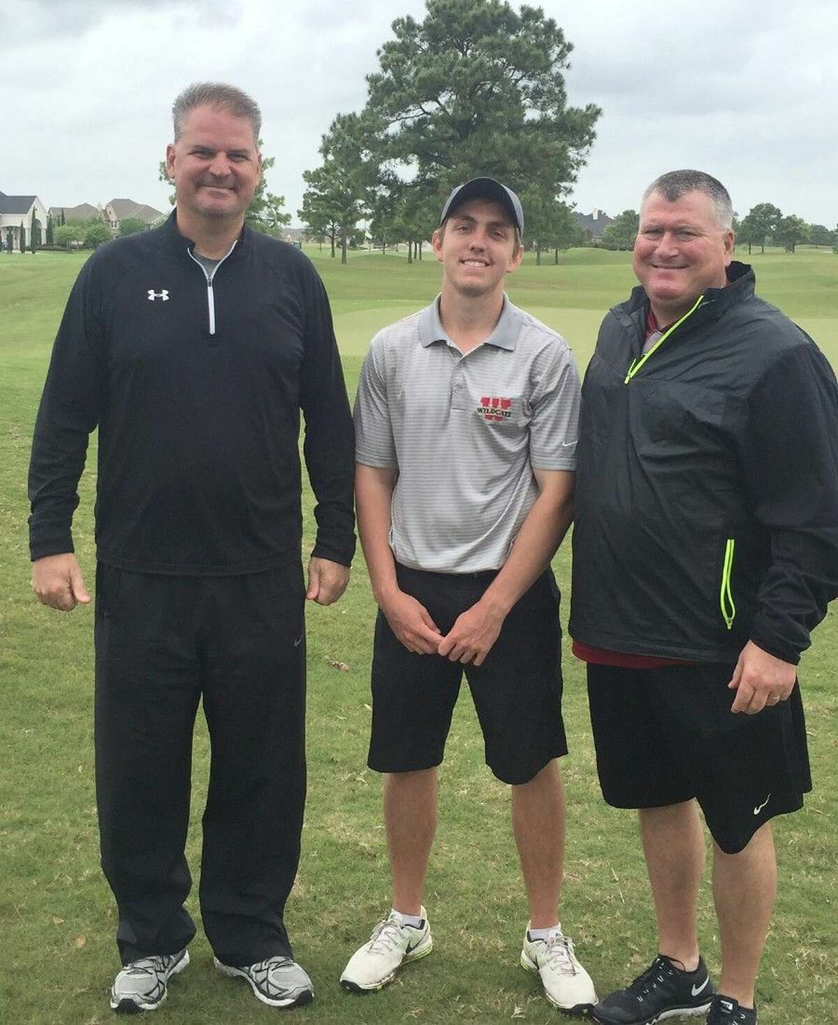 Cypress Woods High School golfer Patrick Rhodes, pictured with Head Coach Curtis Neill (left) and Campus Athletic Coordinator Trent Faith, shot a two-day score of 138 (65-73) to finish with the top score at the District 17-6A Golf Tournament.