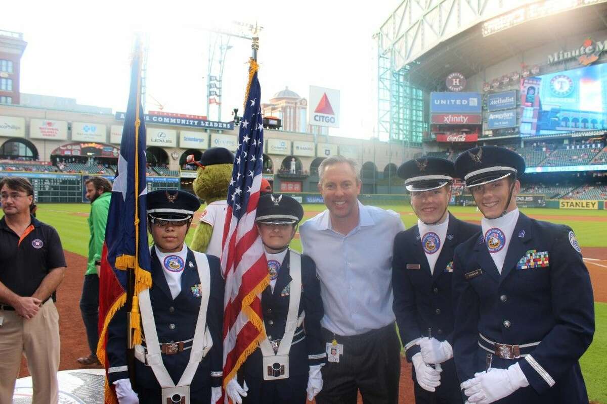 Courtesy photoThe Oak Ridge High School AFJROTC Color Guard presented colors at the beginning of the Astros Baseball game Aug. 28 at Minute Maid Park. Pictured are: Junuhe Lobato, Alexis Morris, Reid Ryan, Austin Oliver, and Christian Boughton. Reid Ryan, son of Hall of Fame pitcher Nolan Ryan, is the president of the Astros and president and CEO of Ryan-Sanders Baseball.