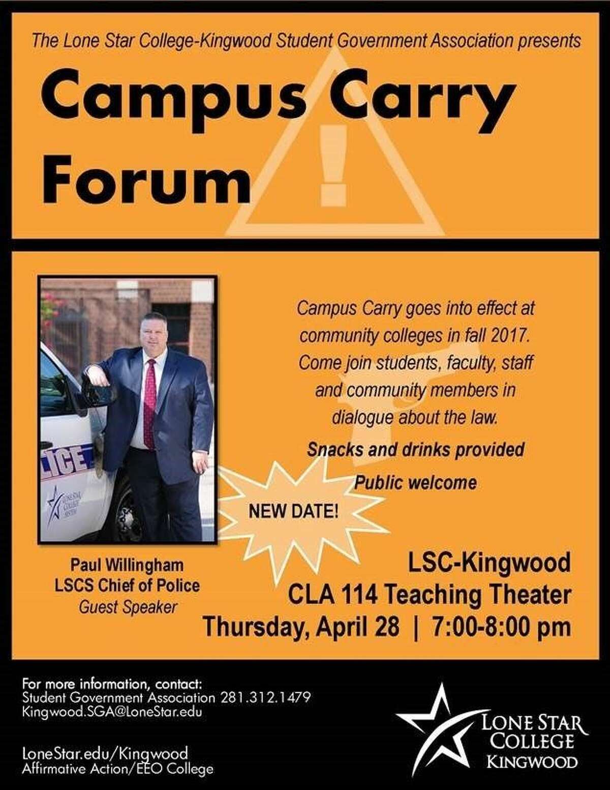 The LSC-Kingwood’s Student Government Association (SGA) invites campus and community members to its Campus Carry Forum Thursday to discuss the Campus Carry law that goes into effect at community colleges in fall 2017.