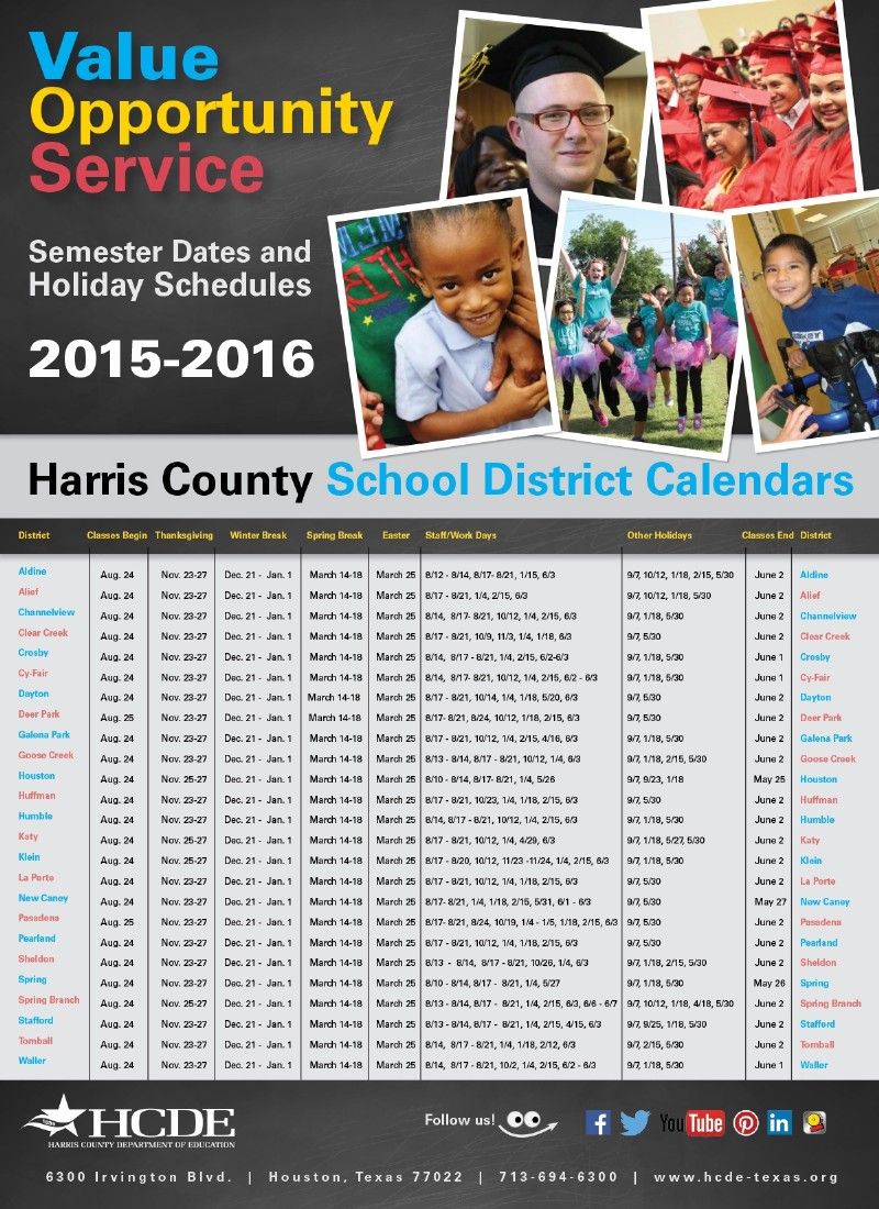 View calendars for all 25 Harris County school districts from HCDE