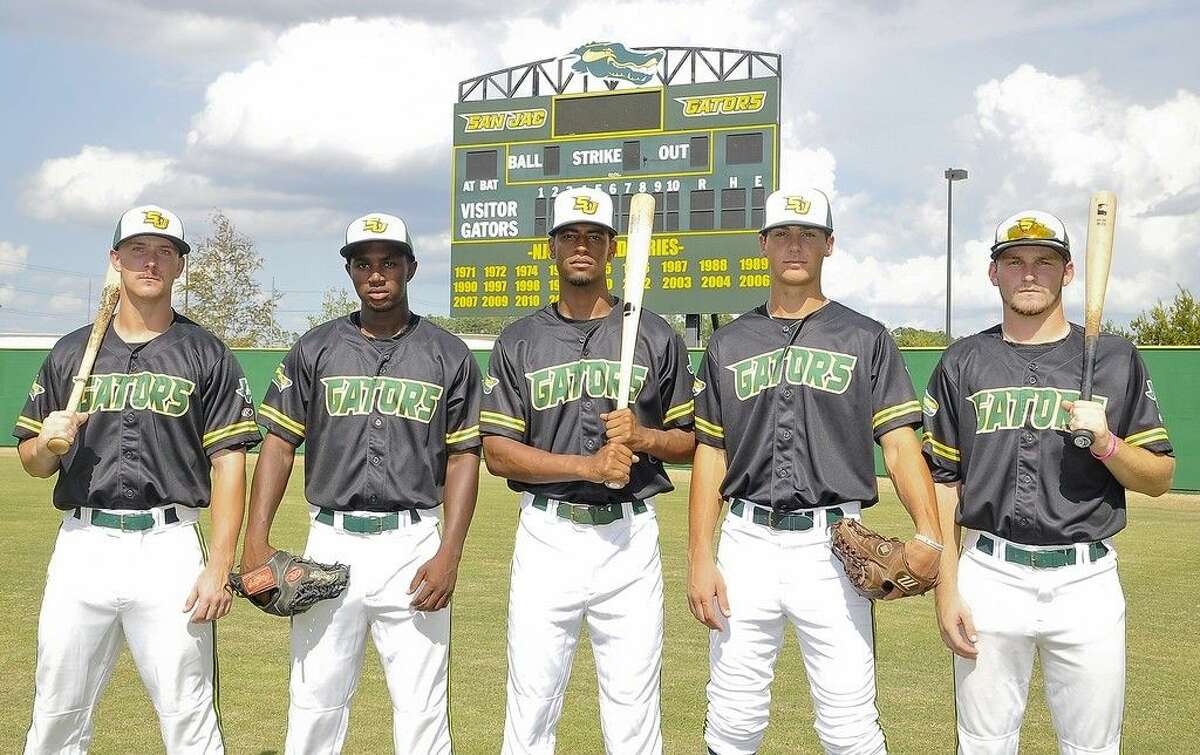 From left to right: Josh Croft, Aaron Ford, Joshua Palacios, Riley Smith, and Austin Homan will represent San Jacinto College in the upcoming Texas / New Mexico All-Star game. Photo credit: Andrea Vasquez, San Jacinto College marketing, public relations, and government affairs department.
