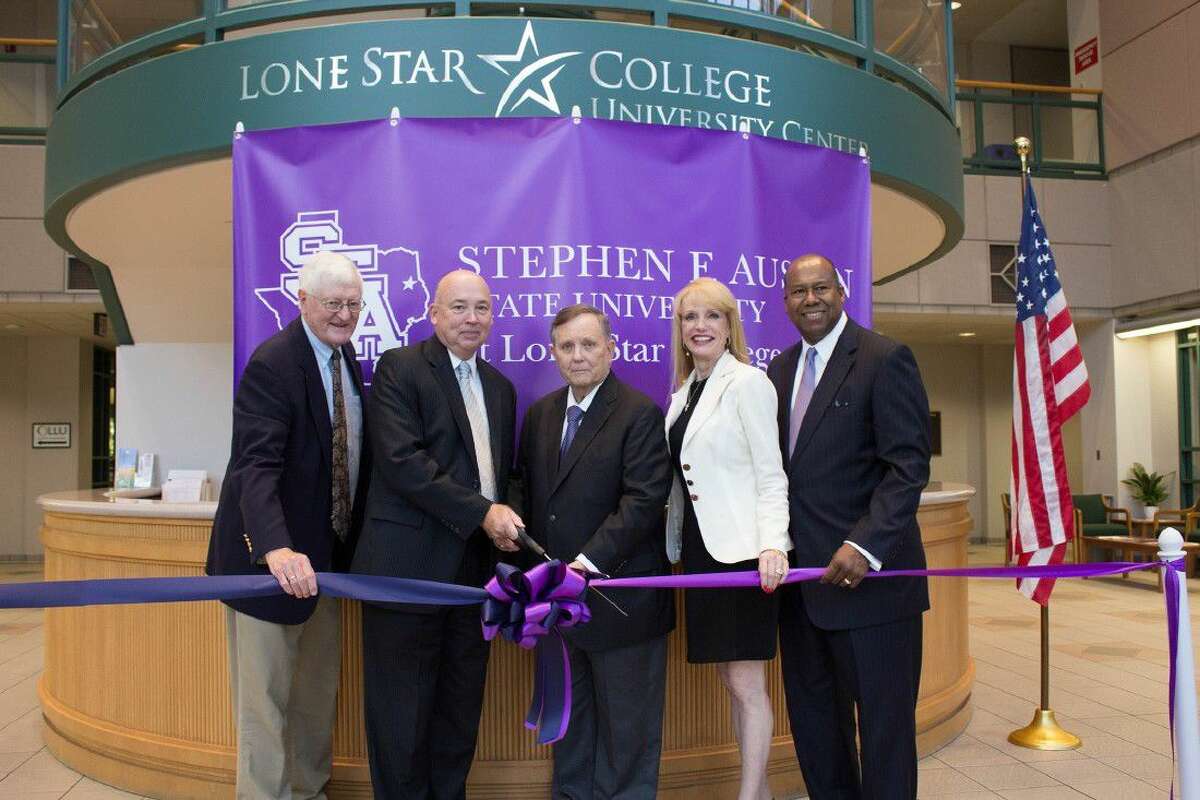 Pictured, from left to right, are Dr. Ron Trowbridge, trustee, LSCS Board of Trustees. Dr. Stephen C. Head, LSC chancellor, Dr. Baker Pattillo, SFA president, Nelda Luce Blair, SFA Board of Regents and Alton Frailey, SFA Board of Regents who helped celebrate an agreement which creates a pathway for people to move from a vocational/technical field into a bachelor’s and graduate program.