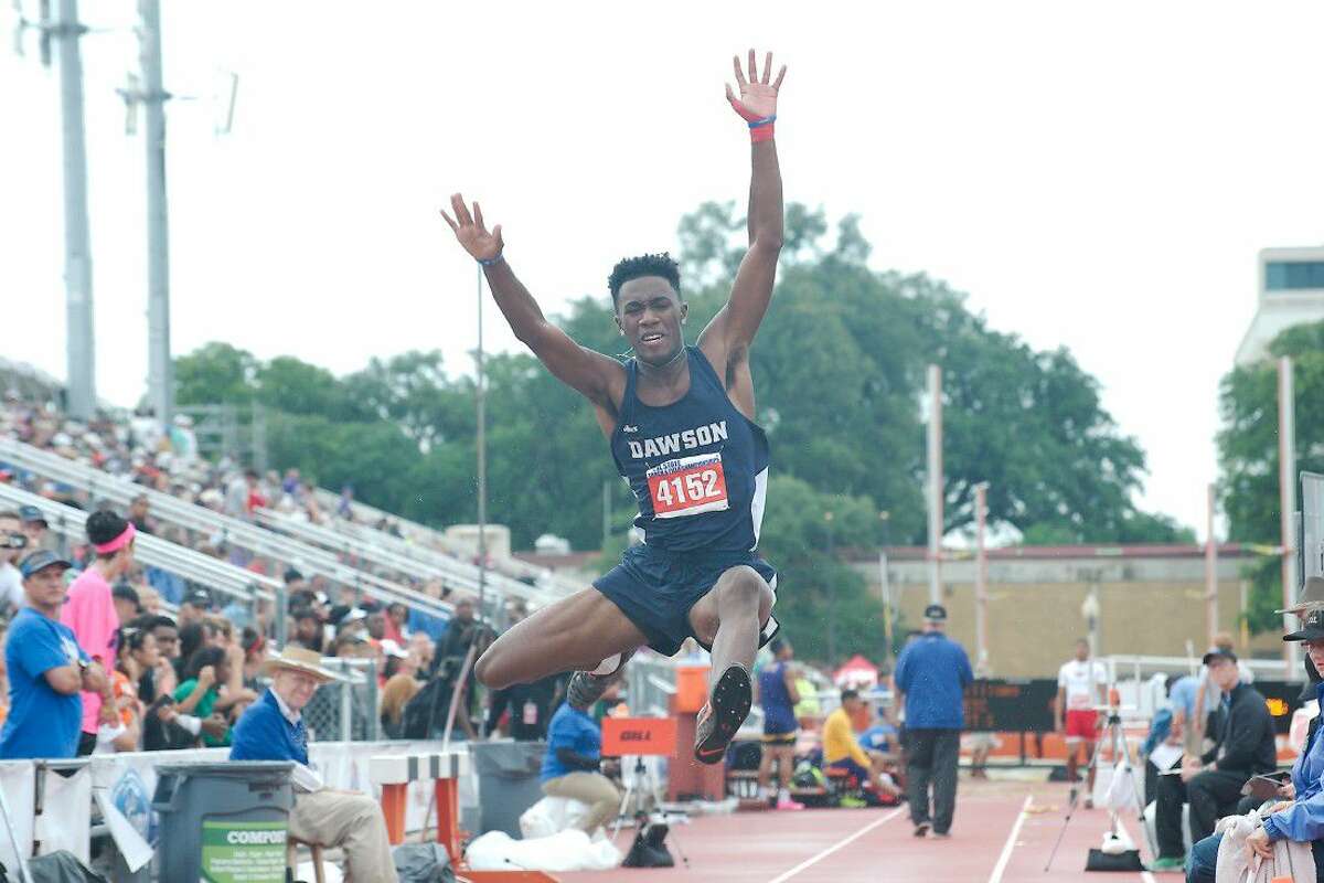 Kameron Hypolite of Dawson competes in the Class 6A boys long jump at the UIL State Track and Field Championships Saturday in Austin.