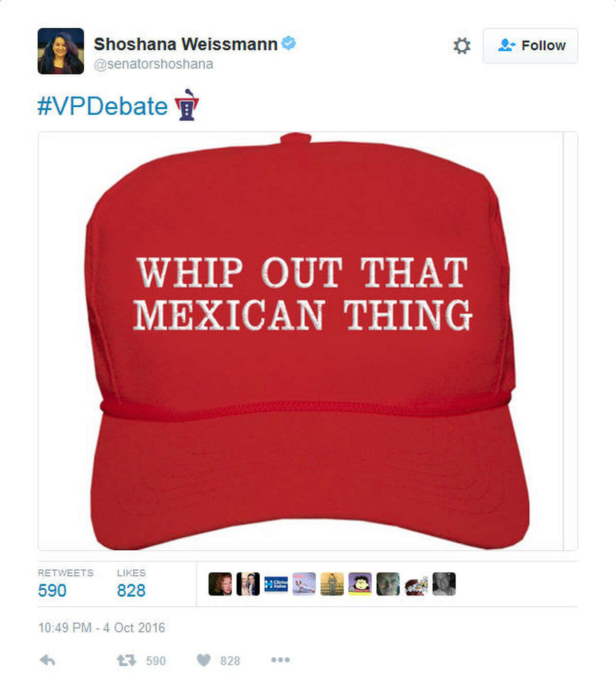 A screenshot of a Twitter post following the vice-presidential debate between Sen. Tim Kaine, D-Va. and Gov. Mike Pence, R-Ind. on Oct. 4, 2016. During the debate, Pence brushed off Kaine's statements regarding GOP presidential nominee Donald Trump's thoughts on Mexican immigrants, saying, "Senator, you whipped out that Mexican thing again." Some social media users vented their frustration at Pence's comments by turning it, in part, into a hashtag.