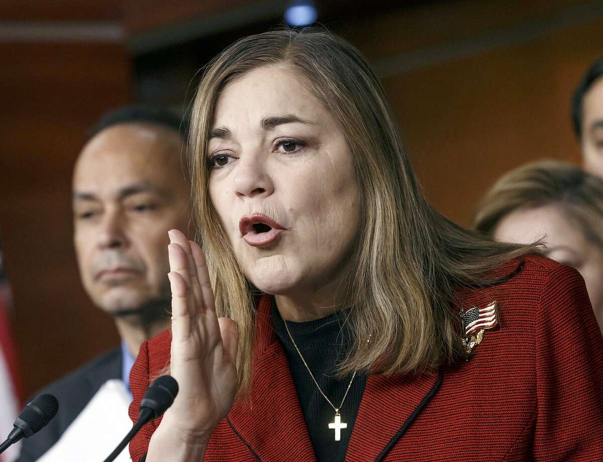 FILE - In this Feb. 13, 2015 file photo, Rep. Loretta Sanchez, D-Calif., responds to questions at a news conference on Capitol Hill in Washington. California's U.S. Senate candidates are meeting in a televised debate, in what could be a first-and-only look for many voters at Attorney General Kamala Harris and Sanchez. The two Democrats who want to replace Sen. Barbara Boxer will clash for an hour Wednesday evening, Oct. 5, 2016, in Los Angeles. (AP Photo/J. Scott Applewhite, File)