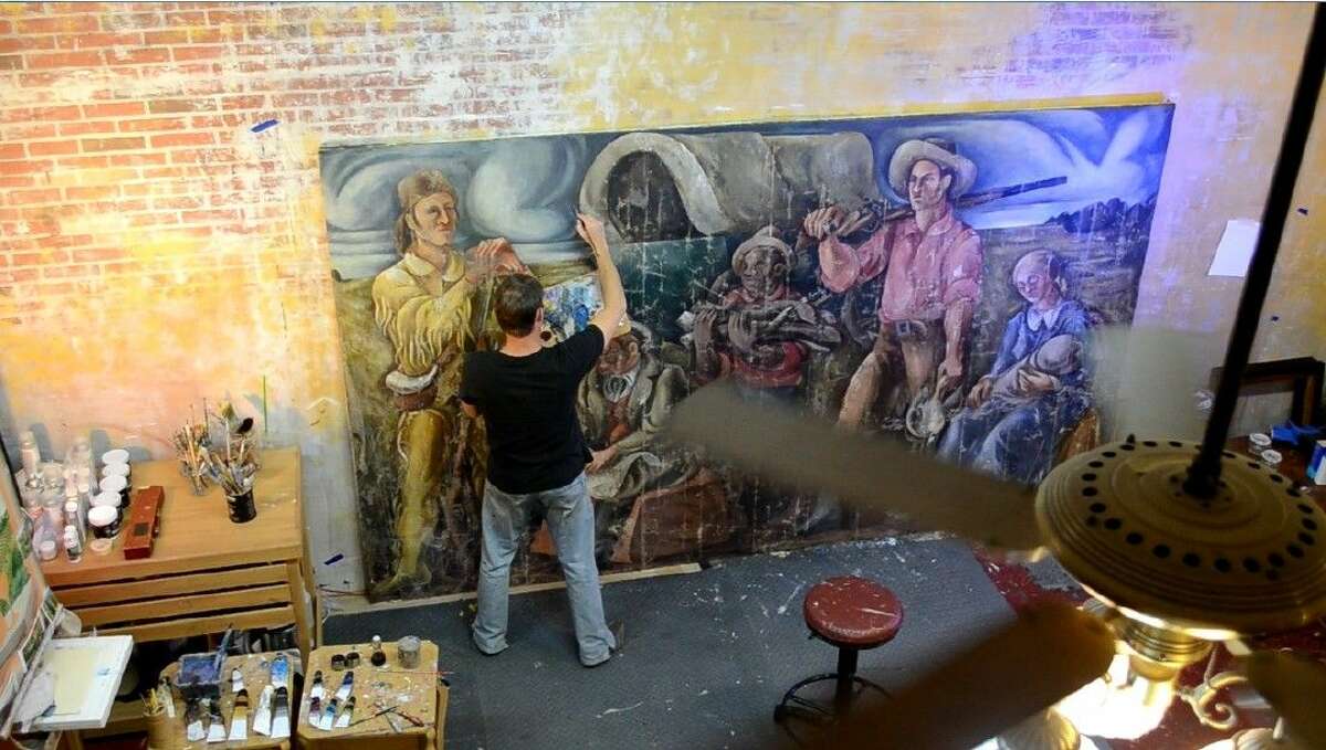 On Saturday, September 26, 2015, at 1:00, there will be a ceremony to celebrate the re-installation of the depression-era mural, Emigrants at Nightfall by Loren Mozley.