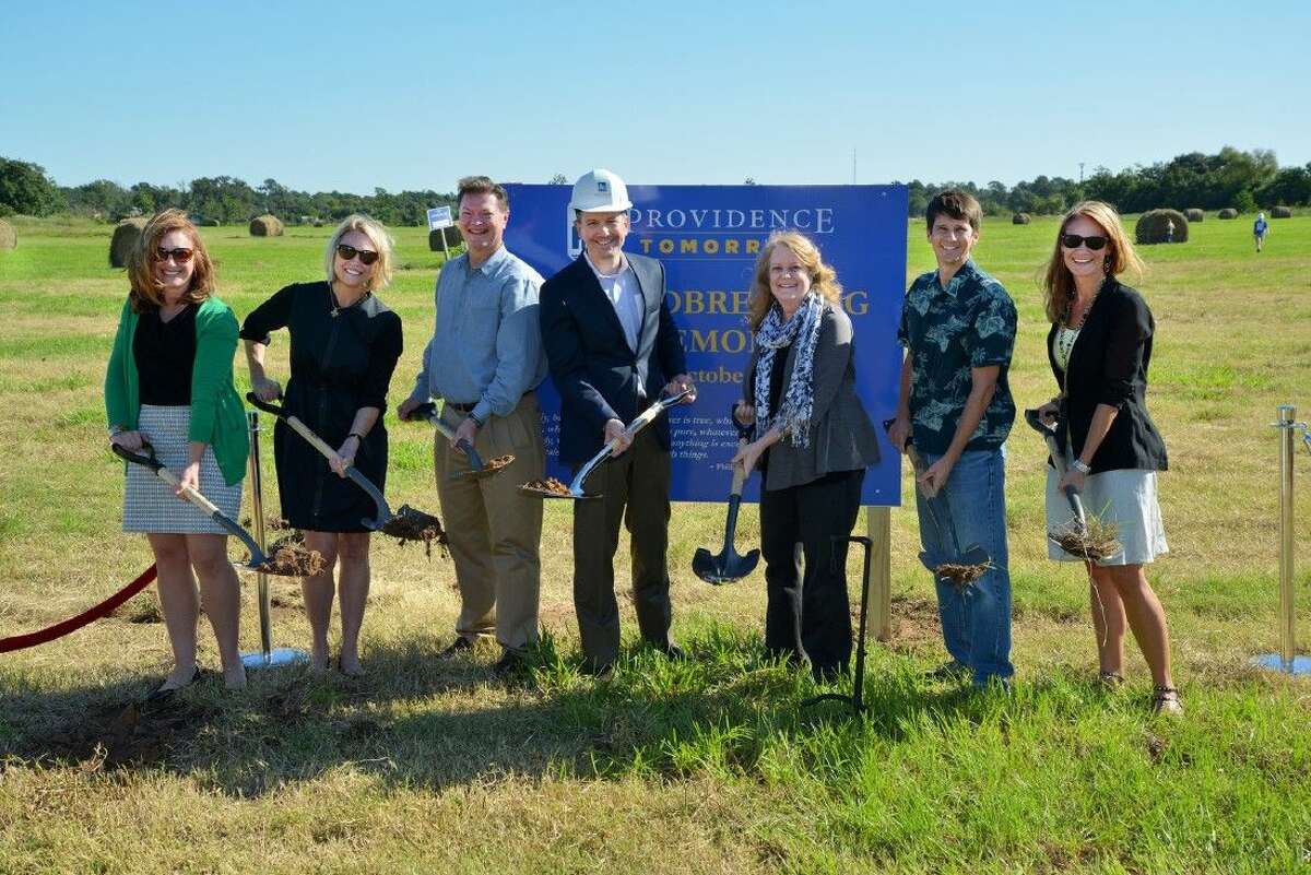 Providence Classical School Board Secretary Amy Brink, Board Member Susannah Schorlemer, Headmaster Jon Weichbrodt, Board Chairman David McDowell, Founder Beverly Smith, Board Member Chad Corbitt (Building Campaign Chair), and Board Member Kate Foster break ground on permanent campus.