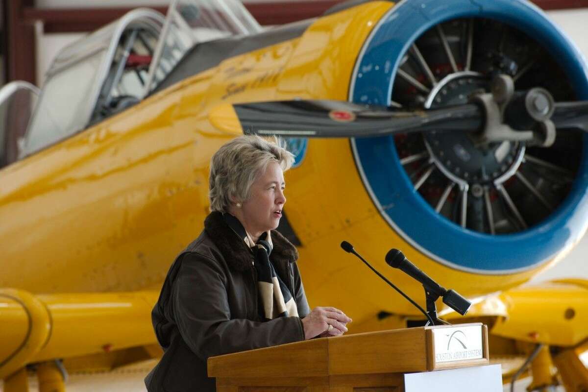 Houston Mayor Annise Parker speaks during a ceremony to celebrate the relocation of the Lone Star Flight Museum to Ellington Airport Monday, Oct. 27.
