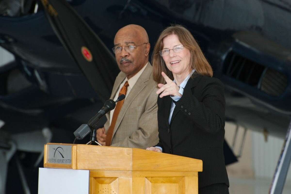 Former US Secretary of Education and Co-Chair of the Lone Star Flight Museum Education Committee Dr. Rod Paige stands with Retired NASA Astronaut and Co-Chair of the Lone Star Flight Museum Education Committee Dr. Bonnie Dunbar as they comment on the relocation of the Lone Star Flight Museum to Ellington Airport Monday, Oct. 27.