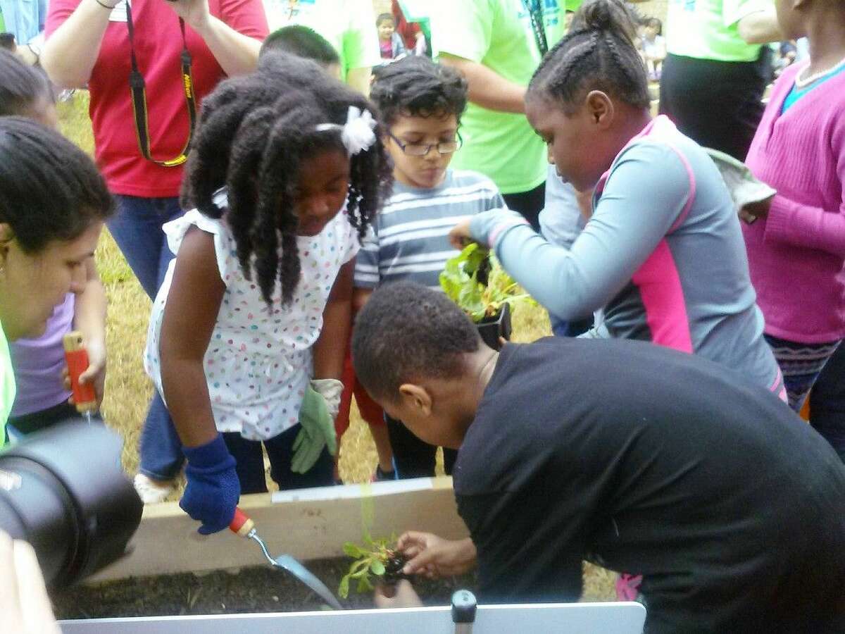 Students at North Belt Elementary School are eager to help at Teaching Garden Plant Day on Wednesday, Oct. 21.