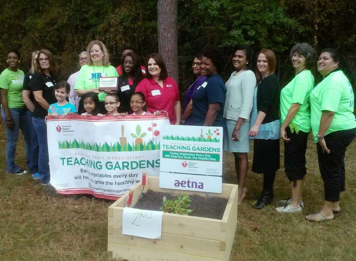 North Belt Elementary School faculty, students, and representatives from the American Heart Association and Aetna pose at the new Teaching Garden’s Plant Day.