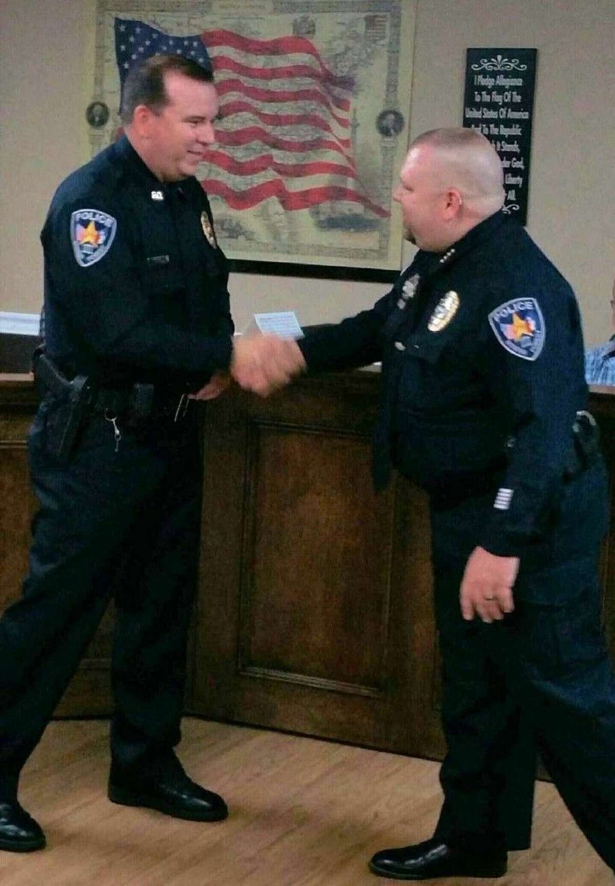 During the Nov. 10 meeting of the Roman Forest City Council, Roman Forest Police Chief Stephen Carlisle welcomed EMC Fire Department Captain Lonnie Cantwell to the department.
