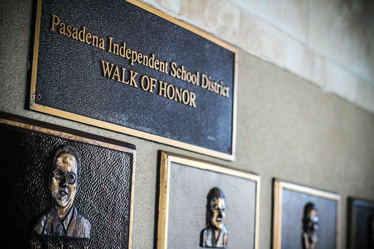The Pasadena ISD Distinguished Citizen Walk of Honor displays bronze plaques of each honoree at the administration building.