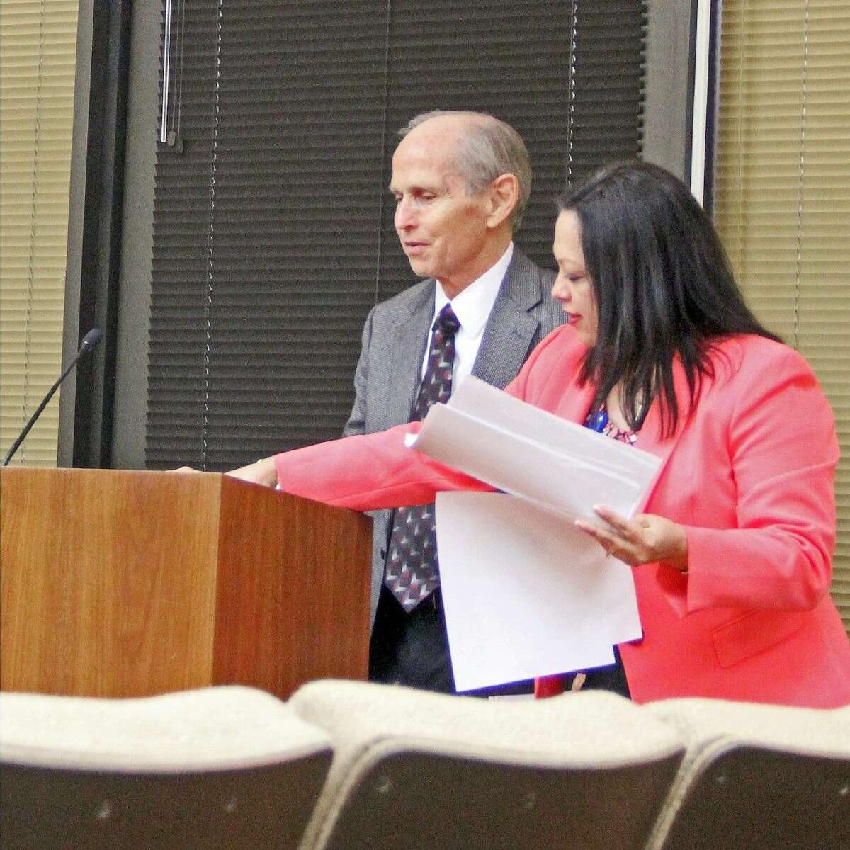 Public Works Director Robin Green (left) and Water Billing Manager Sylvia Mourtakos (right) unveiled a proposed water and sewer rate increase and projects to be funded with the increased revenues at a recent city council workshop.
