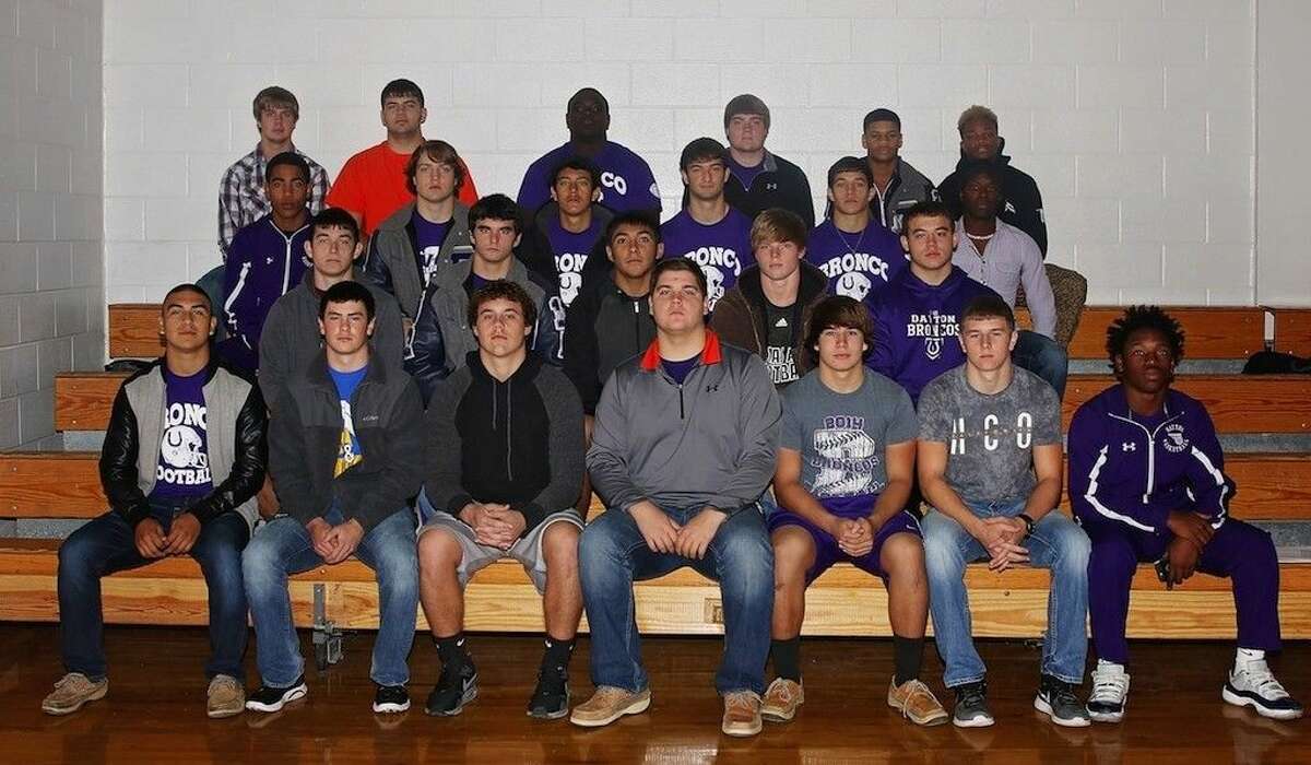 Pictured here are the Dayton Broncos honored this year by the football coaches of District 21-5A. In the front row, from left, are Romeo Medrano, Hunter Hancock, Micah Ellis, Matthew Sjolander, Trevin Marcrum, Troy Cook, and Jalen Styner; in the second row are Josh Ingram, Waylon Allen, Noe Vasquez, Dylan Moore, and Brad Neal; the third row has Lagarious McQuirter, Michael Hoy, Jose Monge, Kameron Fabre, Seledonio Pruneda, and Rekayi Griffith; and in the back row is Chris Dumont, Hunter Crooks, Terrance Manning, Drew Schmidt, Kevin Rideau, and Elijah Hackett. The 2015 First Team All-District includes four Broncos, and five made Second Team All-District. One was named Special Teams MVP. Six received honorable mentions, and 13 Broncos made Academic All-District.