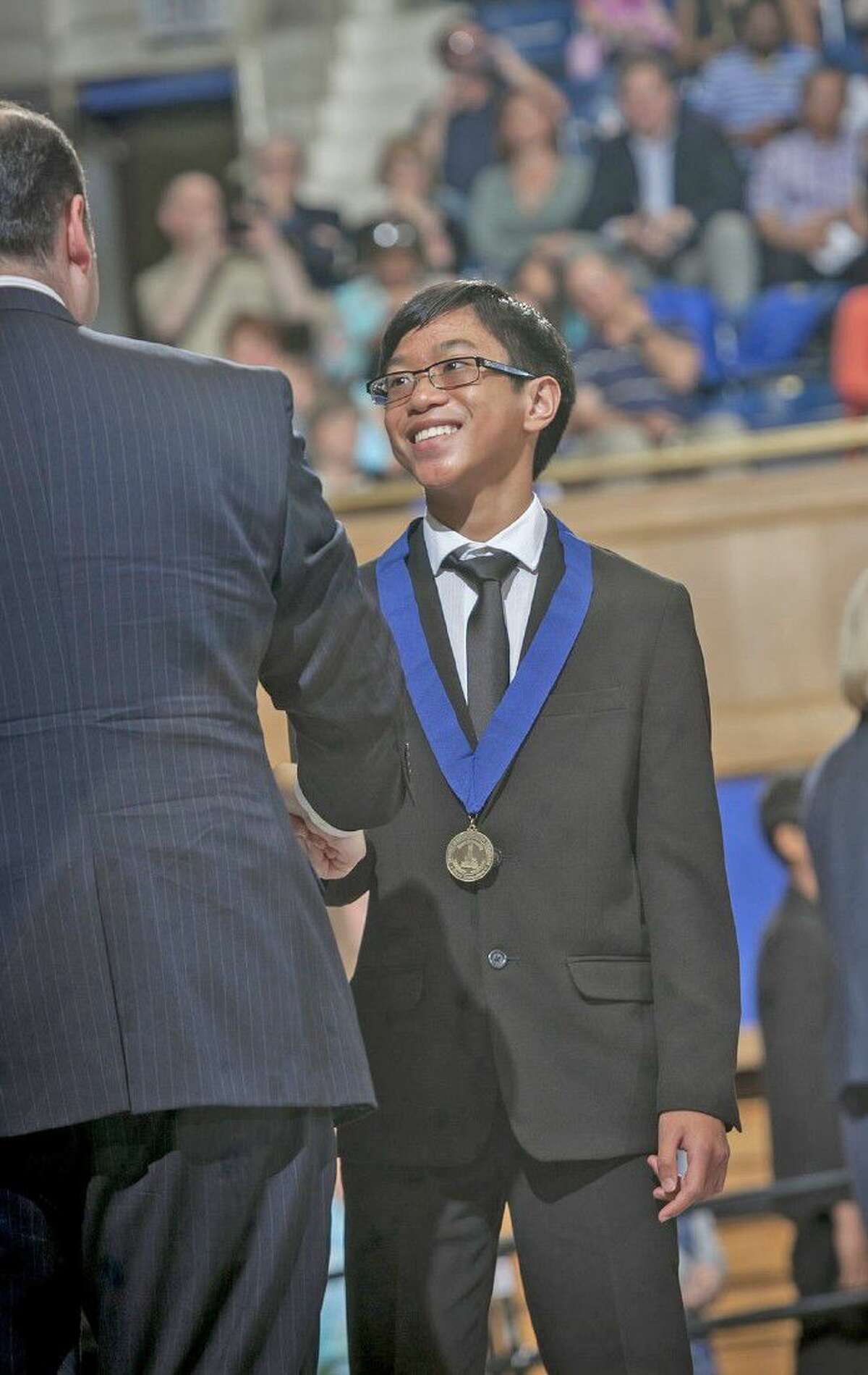 Gabriel Bolanos, incoming eighth-grade student at Aragon Middle School, is honored at the Duke TIP 7th Grade Talent Search 2016 Grand Ceremony, held May 16 at Duke’s Cameron Indoor Stadium. Bolanos was one of 18 CFISD seventh-grade students recognized.